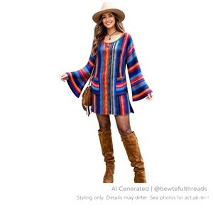 Vintage Rainbow Mohair Bell Sleeve Sweater Tunic Boho Art Knit M